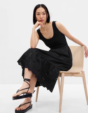 Eyelet Mixed Fabric Midi Dress black