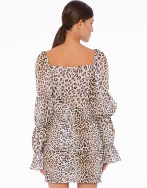 Leopard Patterned Pleated Mini Beige Dress