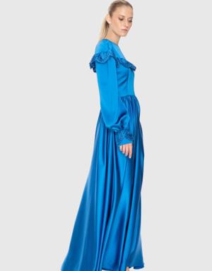 Collar Ruffle Detailed Long Blue Dress