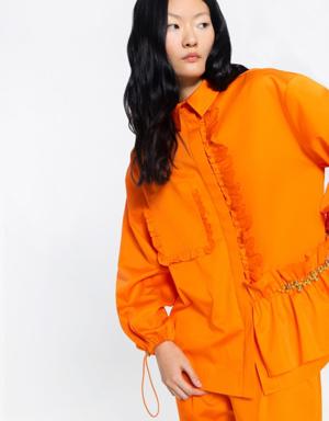 Asymmetric Embroidered Orange Shirt With Ruffle Detail