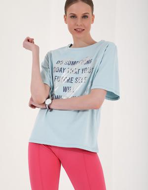 Açık Mavi Deforme Yazı Baskılı O Yaka Kadın Oversize T-Shirt - 97133