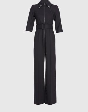 Zipper and Embroidery Detailed Black Jumpsuit