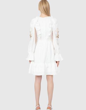 Embroidered Embroidery And Frill Detailed Slit Sleeve Detailed Mini Ecru Dress
