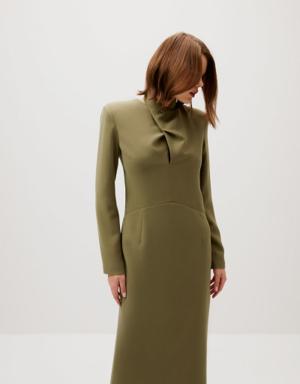 Neck Detailed Straight Cut Ankle Length Green Dress