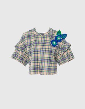 Knitted Floral Brooch Detailed Plaid Crop Boy Green Top