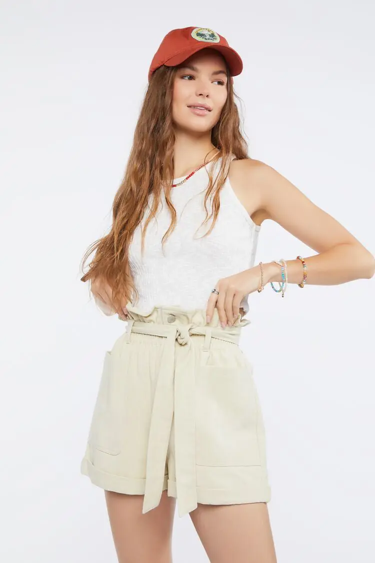 Forever 21 Forever 21 Belted Paperbag Twill Shorts Tan. 1