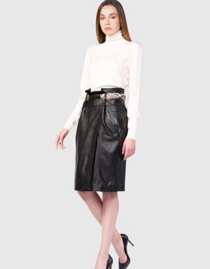 Belt Detailed Midi Length Leather Black Skirt