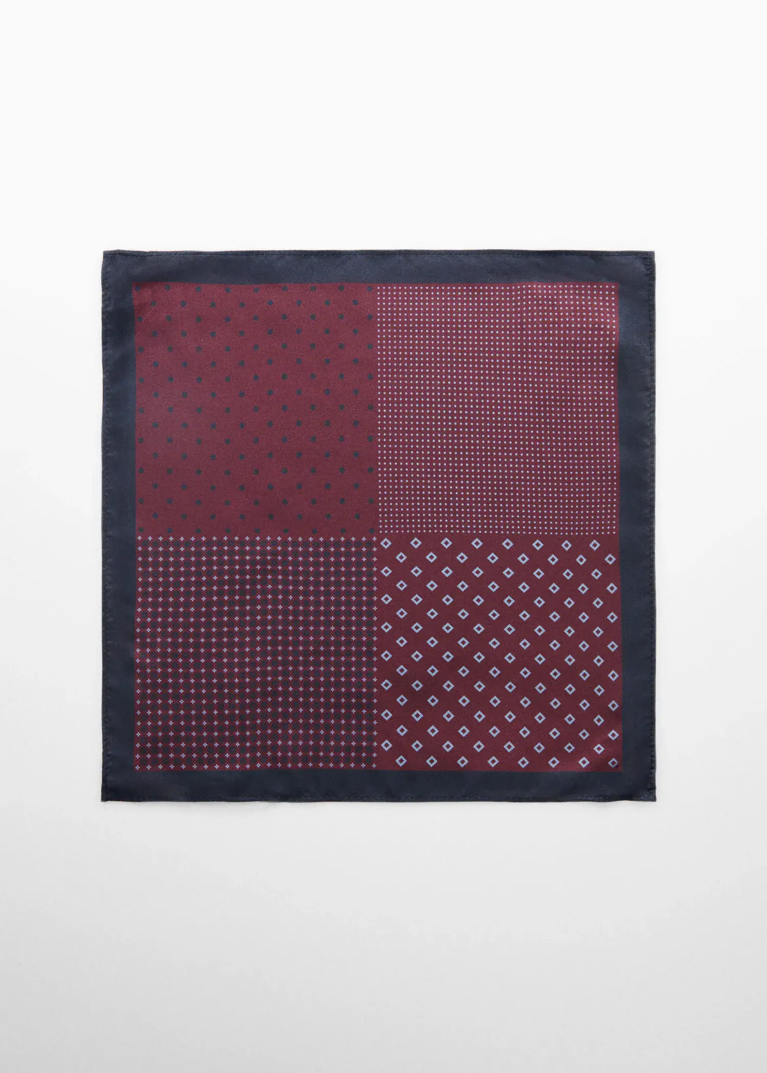 Mango Printed pocket square. a red and black patterned pocket square. 