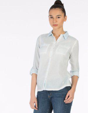 Klasik Yaka İşlemeli Slim Fit Kol Katlamalı Mavi Uzun Kol Gömlek