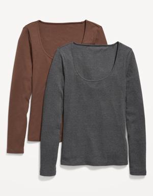 Long-Sleeve Slim-Fit Rib-Knit T-Shirt 2-Pack for Women brown