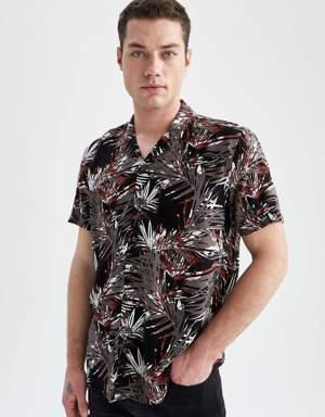 Regular Fit Baskılı Viskon Kısa Kollu Hawaii Gömlek