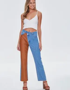 Forever 21 Reworked Faux Leather Jeans Denim/Camel