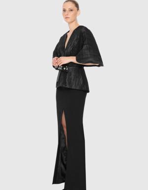 V-Neck Embroidered Long Black Evening Dress