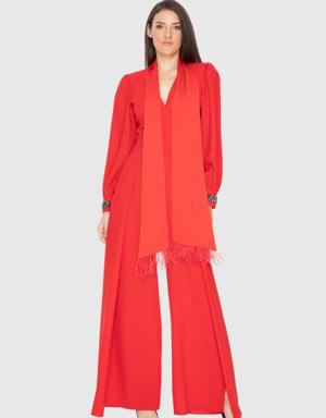 Stone Detailed Red Jumpsuit