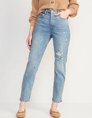 Extra High-Waisted Button-Fly Sky-Hi Straight Ripped Jeans for Women blue