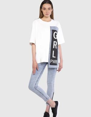 T-shirt with Text Print on Jeans and Strase Stone Embroidered