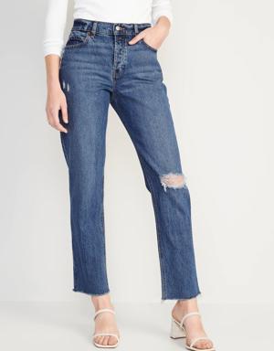 High-Waisted Button-Fly Slouchy Straight Ripped Jeans for Women blue