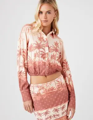 Forever 21 Tropical Print Cropped Shirt Rust/Multi
