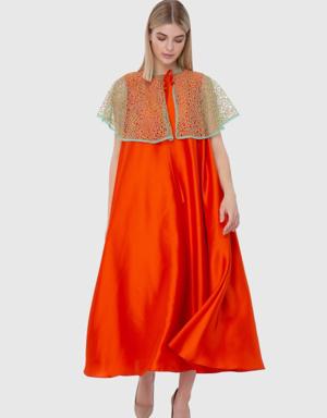 Orange Cape Dress With Collar Detail