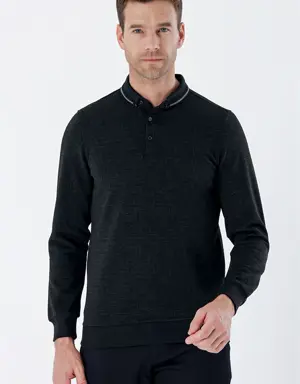Uzun Kollu Desenli Örme Polo Yaka Likralı Casual Comfort Fit Sweatshirt 1013235106