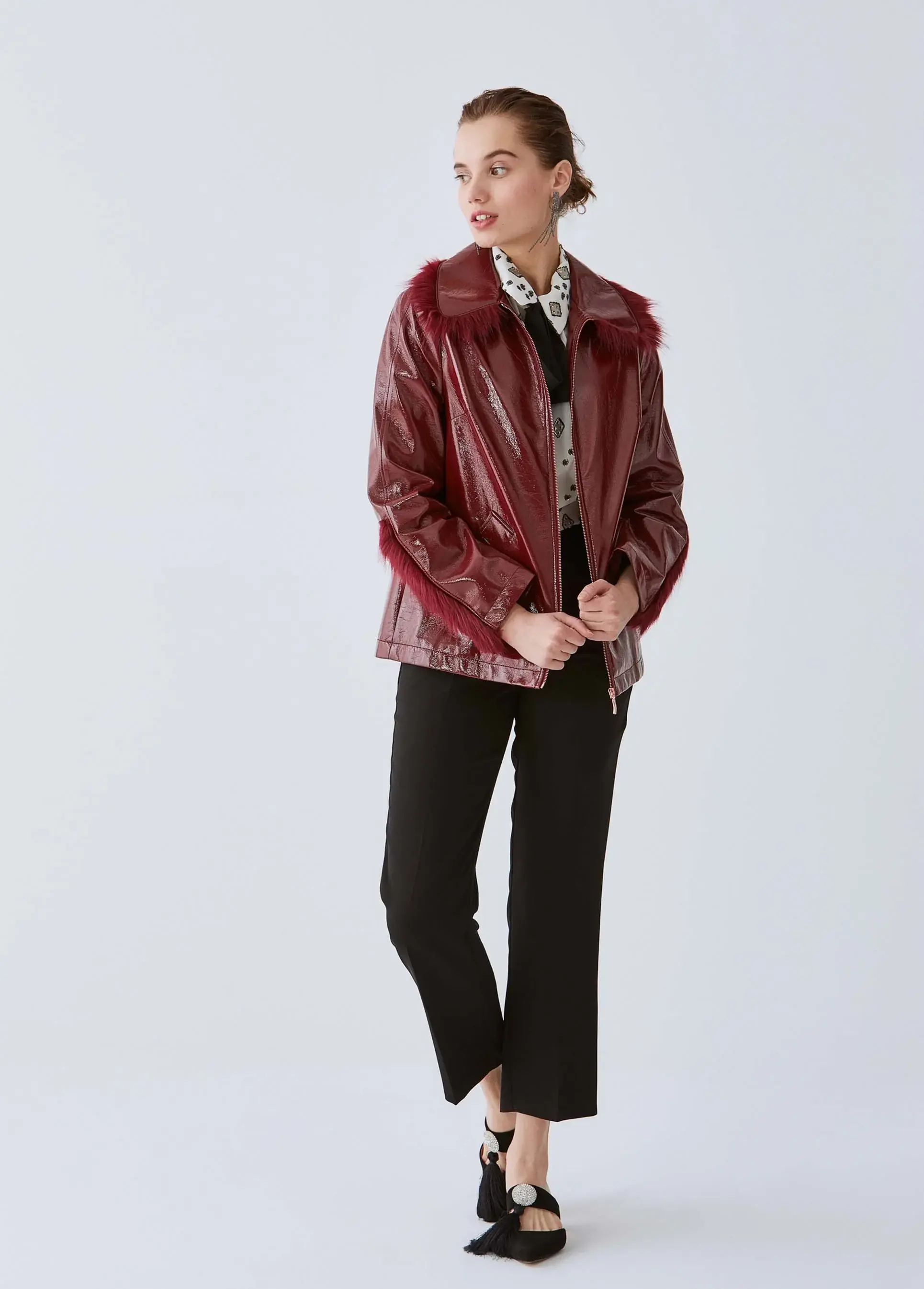 Roman Fur Trim Patent Leather Jacket - 4 / MAROON. 1