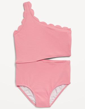 Scallop-Trim One-Shoulder One-Piece Swimsuit for Girls pink