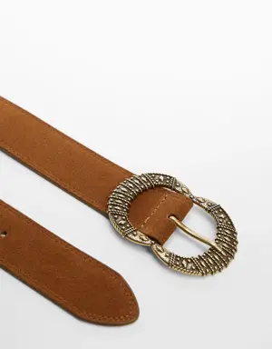 Engraved buckle leather belt