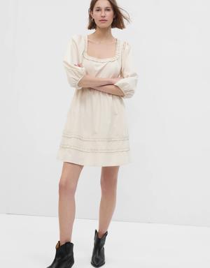 Puff Sleeve Ruffle Neck Mini Dress beige