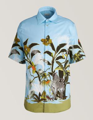 Short-Sleeve Floral Zebra Print Cotton Shirt