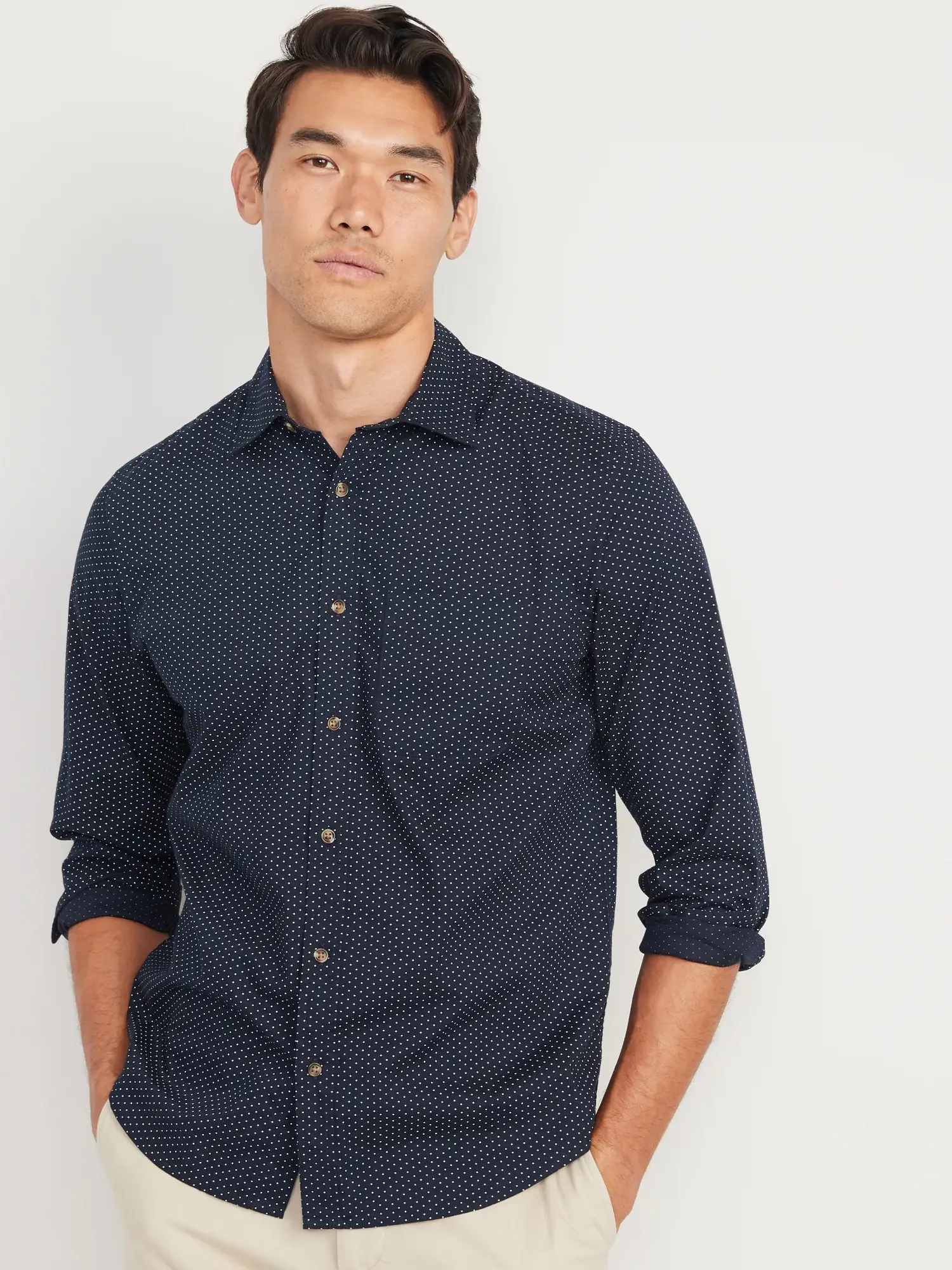 Old Navy Regular-Fit Built-In Flex Everyday Dot-Print Shirt for Men blue. 1