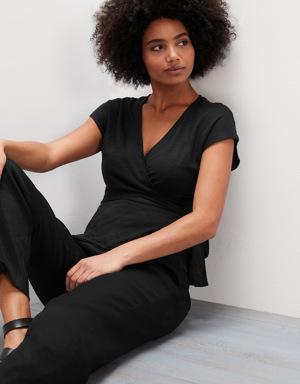 Petite Linen Wrap Top black