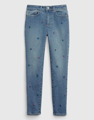Kids High Rise Embroidered Jeggings with Washwell blue