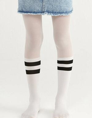 Beyaz Kız Çocuk Siyah Çizgili Külotlu Çorap