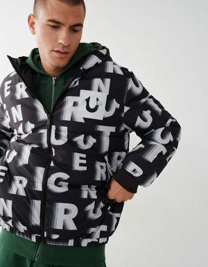 ALLOVER PRINT HOODED PUFFER JACKET