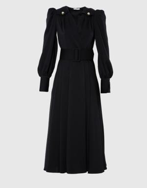 Button And Pleat Detailed Ankle Length Black Dress