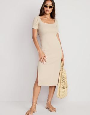 Fitted Rib-Knit Scoop-Neck Midi Dress for Women beige
