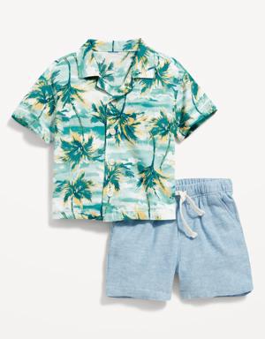 Matching Short-Sleeve Printed Shirt & Linen-Blend Shorts Set for Baby blue