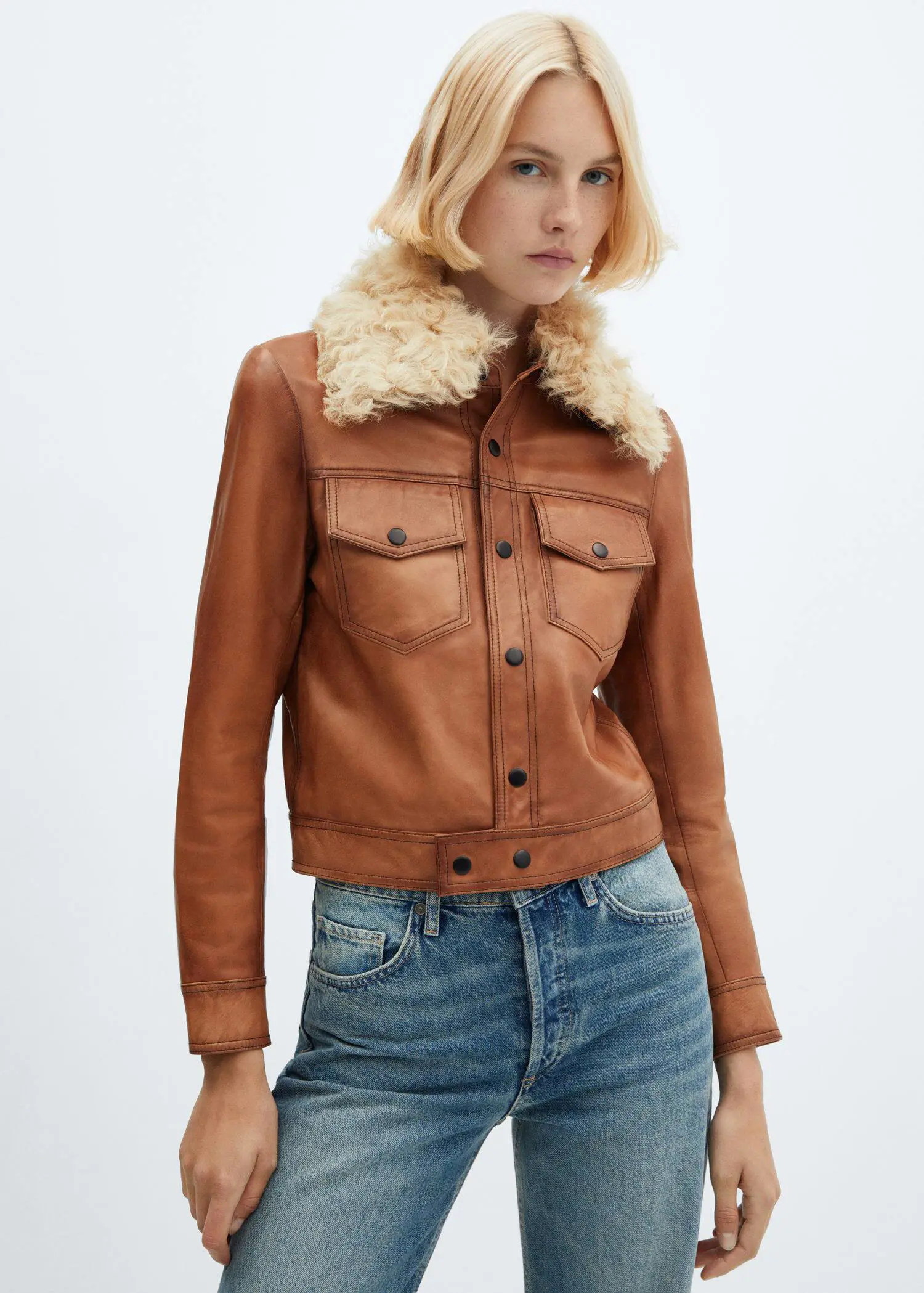 Mango Suede jacket with fur-effect collar. 2