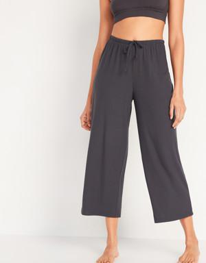 Sunday Sleep High-Waisted Cropped Rib-Knit Wide-Leg Lounge Pants for Women black