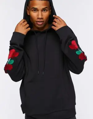 Forever 21 Embroidered Rose Drawstring Hoodie Black/Multi