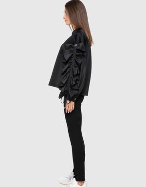 Ruffle Embroidered Contrast Garnish Black Sweatshirt