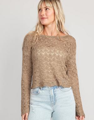 Crochet Boat-Neck Cropped Sweater for Women beige