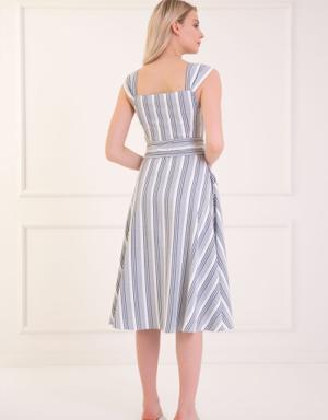 Striped Linen Strap Belted Blue Midi Dress