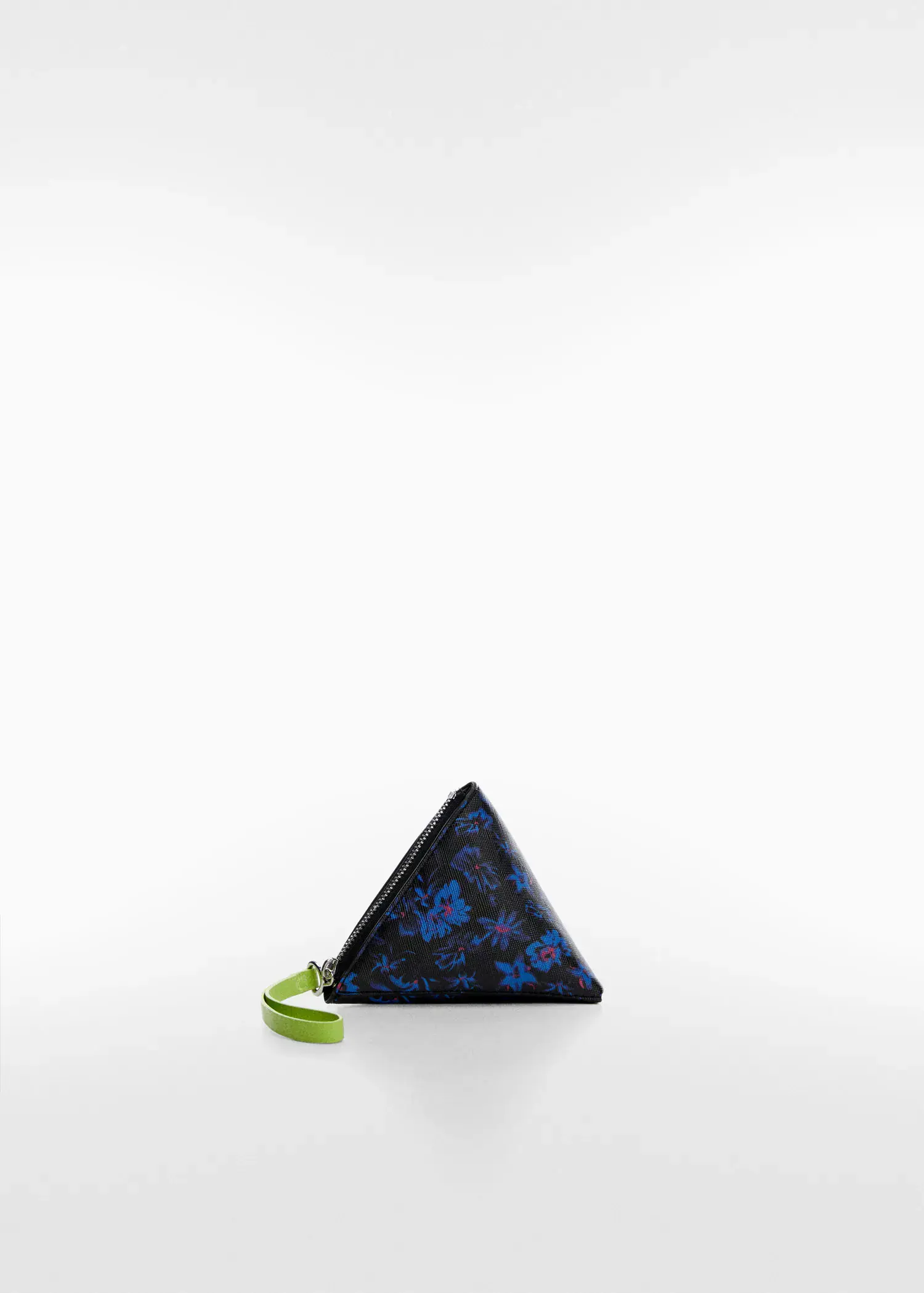 Mango Saffiano triangular coin purse. a blue triangle purse with a green handle. 