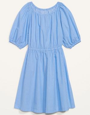 Waist-Defined Puff-Sleeve Striped Cotton-Poplin Mini Dress for Women blue