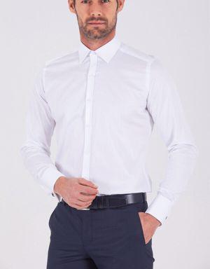 Beyaz Düz Regular Fit 100% Pamuk Manşetli Uzun Kollu Klasik Saten Gömlek