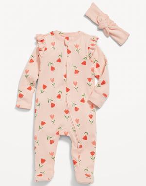 Unisex Sleep & Play 2-Way-Zip Footed One-Piece & Headband Layette Set for Baby pink