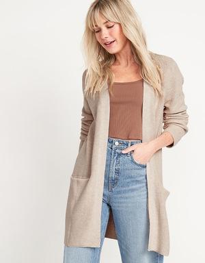 Textured Shaker-Stitch Long-Line Open-Front Sweater for Women