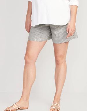 Maternity Matching Striped Full-Panel Linen-Blend Tailored Shorts -- 6-inch inseam blue