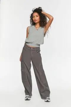 Forever 21 Forever 21 Low Rise Wide Leg Corduroy Pants Charcoal. 2